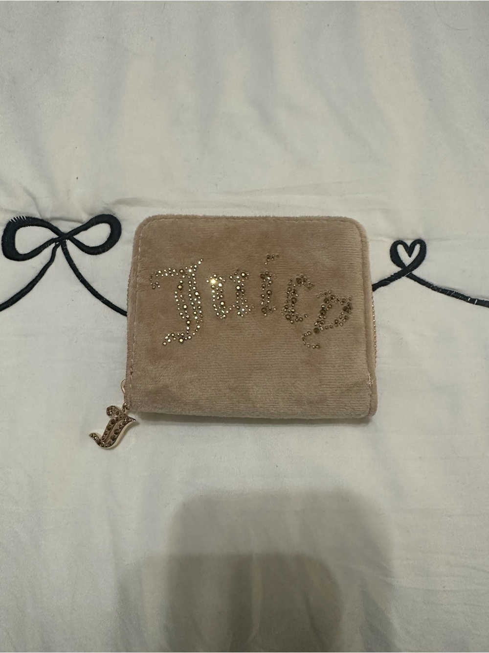 Juicy Couture Tan Velvet Rhinestone Logo Zip Wallet